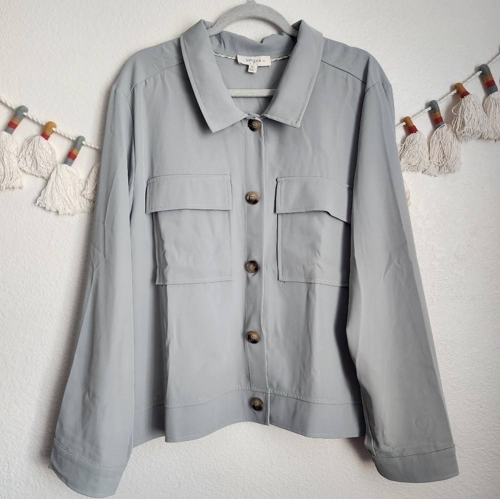 Umgee Olive Green Button Down Pocket Long Sleeve Shacket Chiffon Boho Neutral 2x